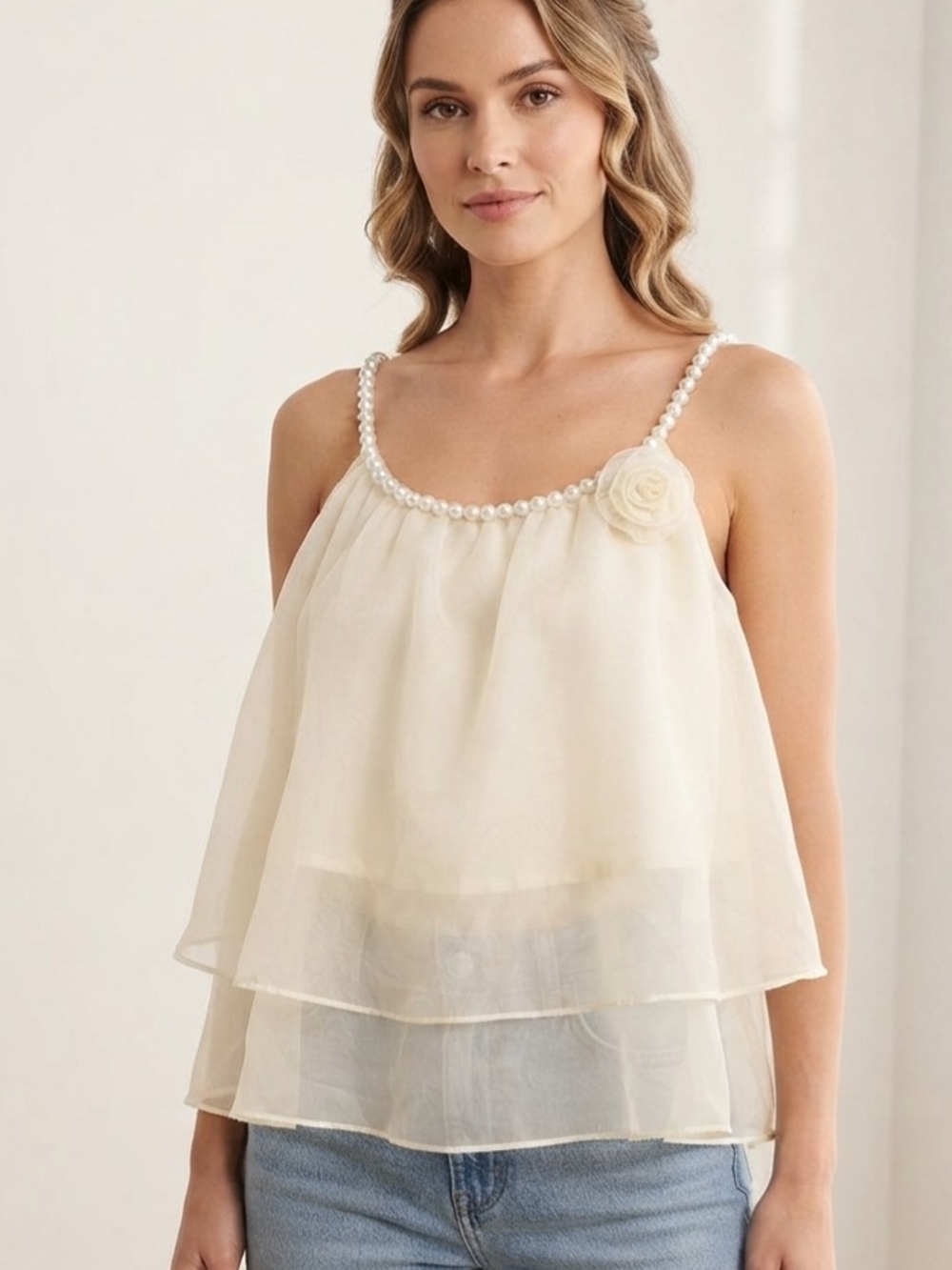 Ethereal Layered Cami with Pearl Trim & 3D Floral Detail S-M